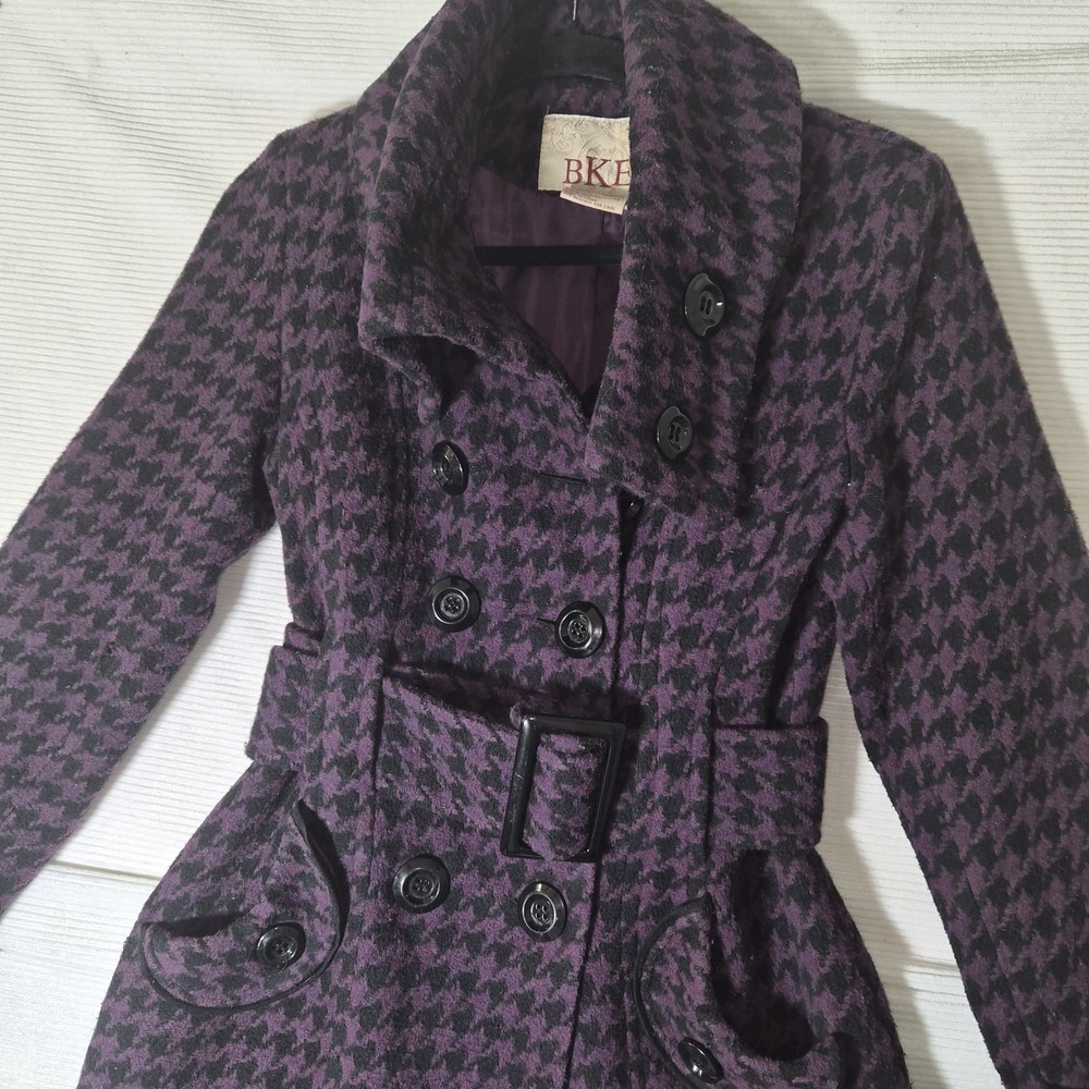 Y2K BKE Buckle Small Trench Peacoat Jacket Wool Blend Houndstooth Vtg‎